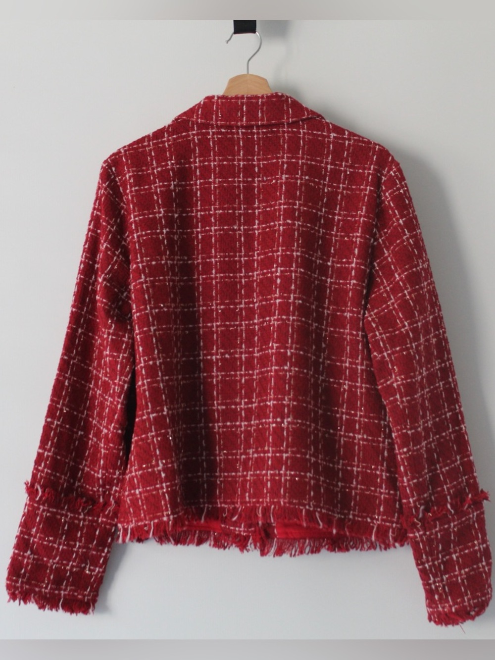 Sugarlips Red Tweed Fringe-Trim Button Jacket NWT Size L - Picture 3 of 12